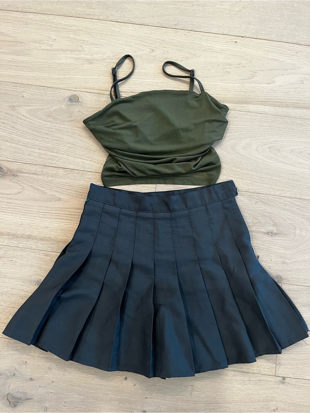 Olive Green Crop Cami & Black Pleated Mini Skirt Set